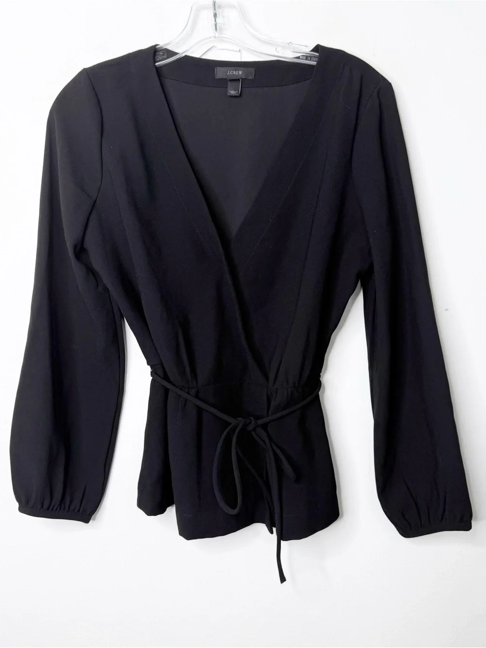 J. CREW | Black Crepe Faux Wrap V-Neck Top Tie Waist Blouse Sz. 6 Classic